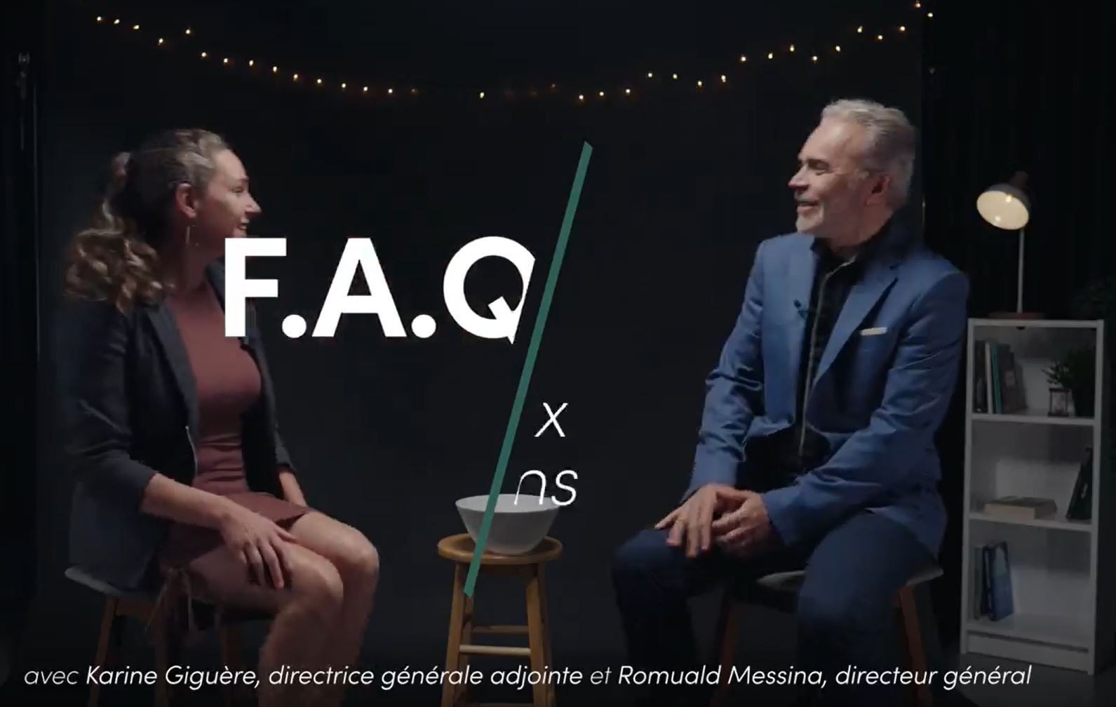 Two people sitting and talking under string lights with FAQ text overlay on a dark background.